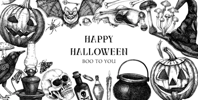 Vintage Halloween frame design. Hand drawn vector illustrations. Skull, bones, Halloween pumpkin, poisonous mushrooms, snakes, raven witch sketches. Halloween party invitation, card template, banner